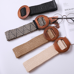 百搭文艺学生配裙子腰封潮 饰宽皮带编织时尚 棉麻韩版 木扣腰带装