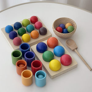 cici木玩屋婴幼儿木质智力开发颜色认知配对分拣板宝宝早教启蒙彩虹球玩具