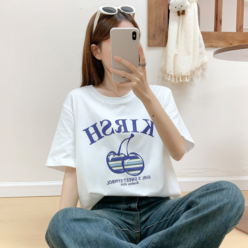 韩国代购kirsh短袖T恤女2025夏季新款樱桃刺绣圆领百搭纯棉上衣潮