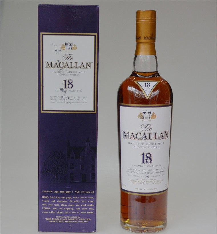 英国麦卡伦 1992 Macallan18年单一麦芽威士忌700ml 旧版行货43度