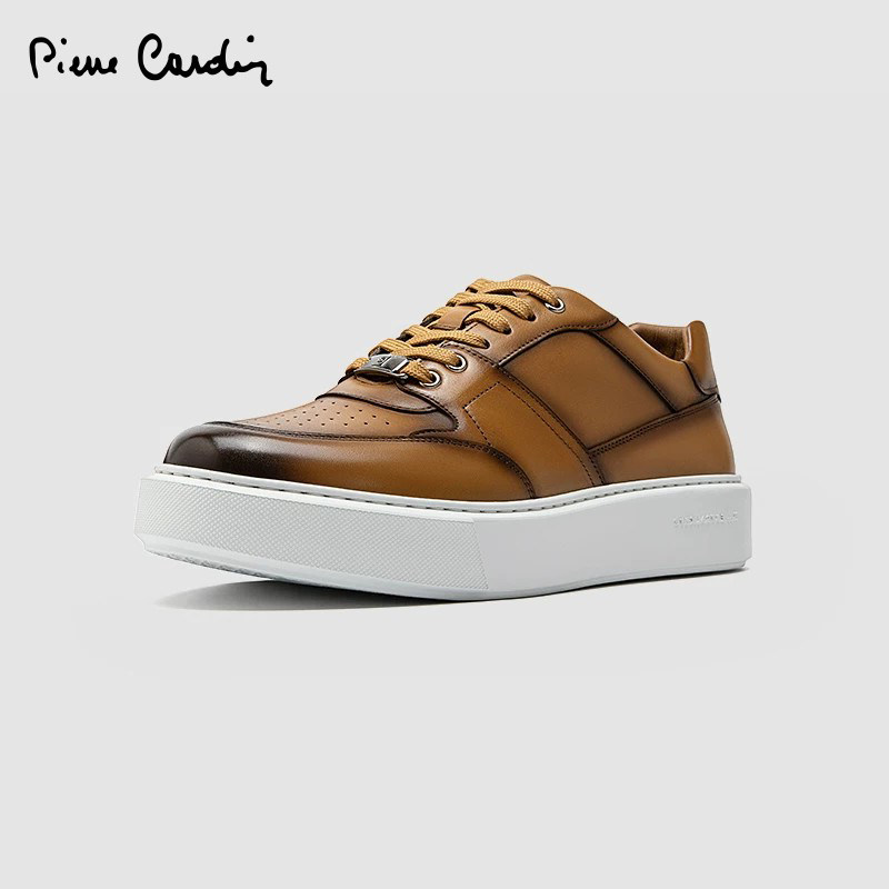 Pierre Cardin/皮尔卡丹25男鞋xl轻底编织真皮休闲鞋平底系带板鞋