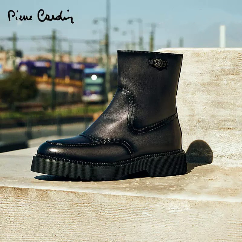 Pierre Cardin/皮尔卡丹女鞋渐变擦色侧拉链女靴复古骑士靴真皮
