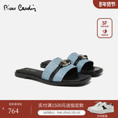 皮尔卡丹女鞋 女 百搭饰扣懒人拖女拖鞋 真皮一字拖鞋 外穿平底凉拖鞋