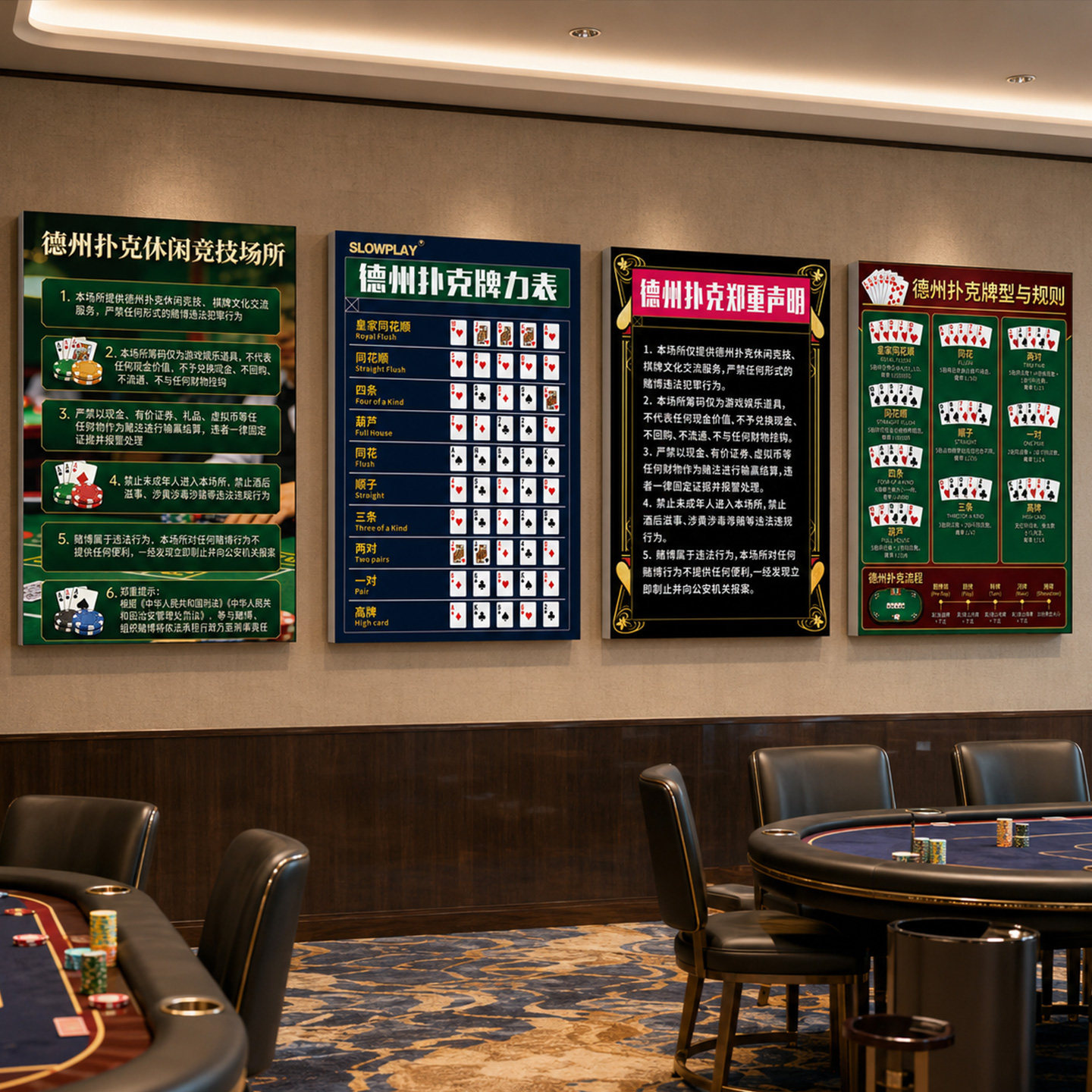 德州扑克海报装饰挂画酒吧酒馆棋牌室玩法告示禁止赌博德扑牌力表图片
