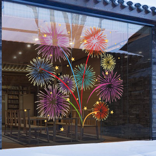 新年装饰烟花玻璃贴纸过年气氛布置马年窗花酒店橱窗春节静电贴画