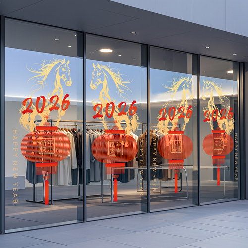 新年玻璃贴装饰2026马年窗贴窗花春节酒店写字楼过年静电贴门贴画