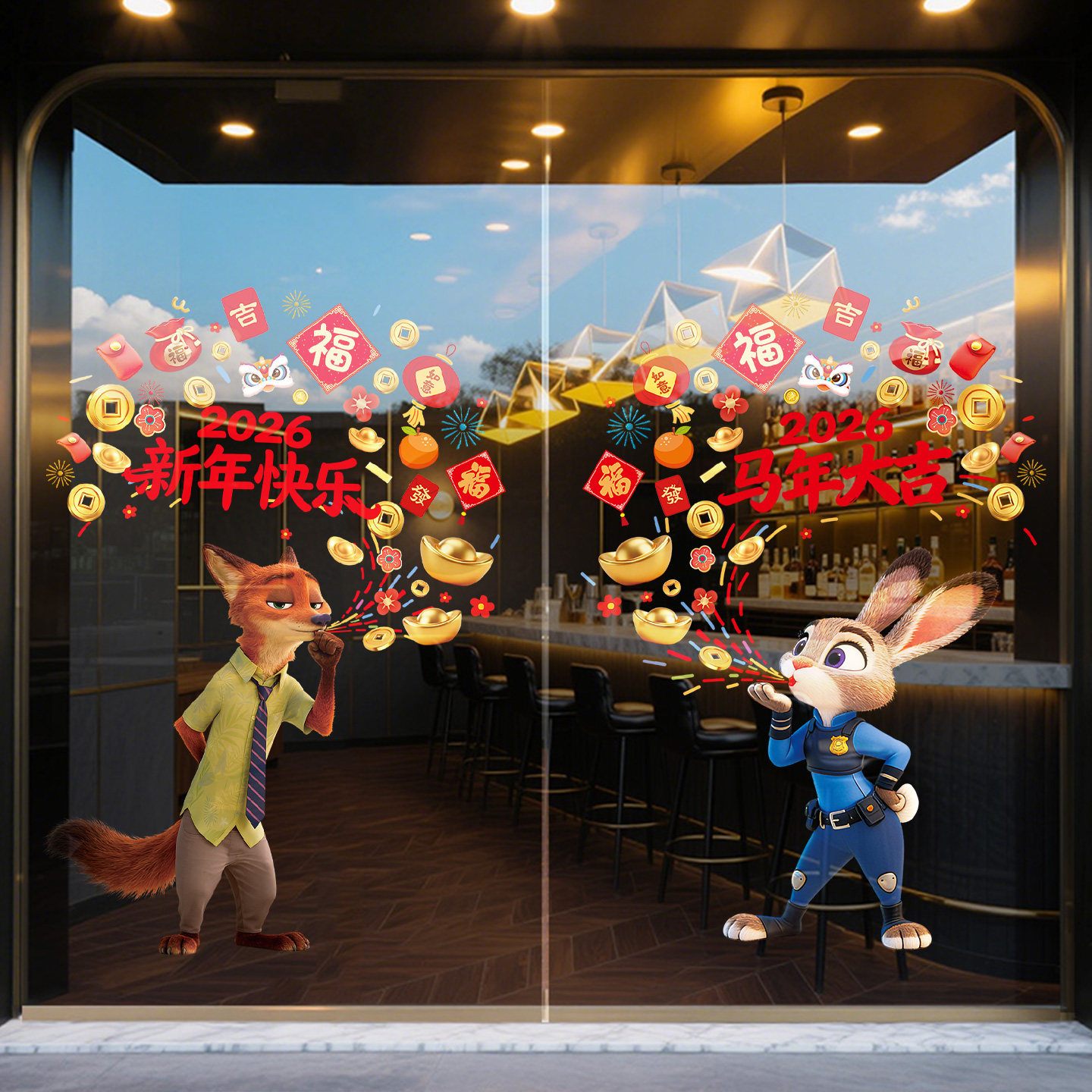 2026新年装饰玻璃门贴纸疯狂动物城静电贴画商场饭店马年春节窗花,家居饰品,门贴,淘宝优惠券,粉丝福利购,淘宝优惠卷