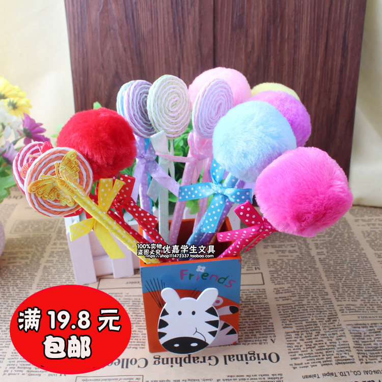 毛球圆珠笔 毛绒笔 带蝴蝶结 棒棒糖圆珠笔 学生奖品 礼品笔