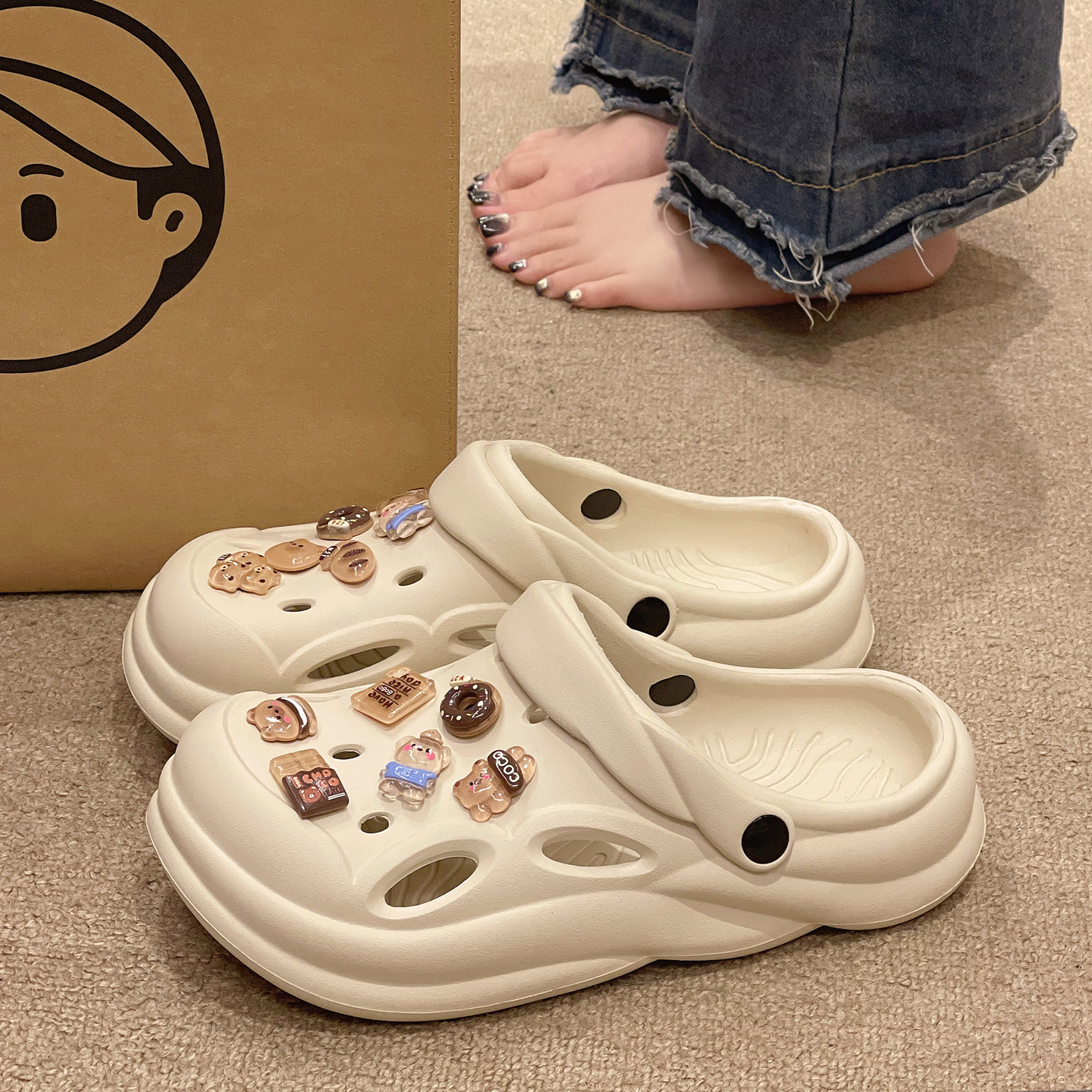 利达妮孕妇防滑洞洞鞋女夏季外穿厚底防臭沙滩包头凉拖豆豆鞋女款
