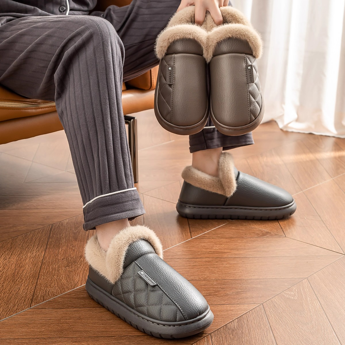 老人防滑棉拖鞋男士冬季加绒保暖