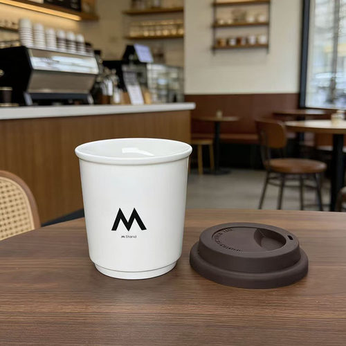 M Stand陶瓷咖啡杯仿纸杯耐高温含硅胶盖330ml潮流高颜值美式杯子