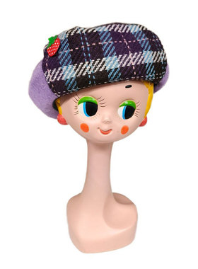 可爱粉色紫色格子 毛呢独家设计贝雷帽 贰DA14