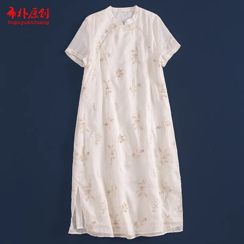 布朴家作2026夏季款文艺苎麻刺绣中式改良旗袍裙中长款双层连衣裙