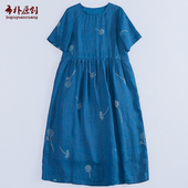 布朴家作2025夏季 裙 连衣裙短袖 新款 文艺苎麻蒲公英印花半衬中长款