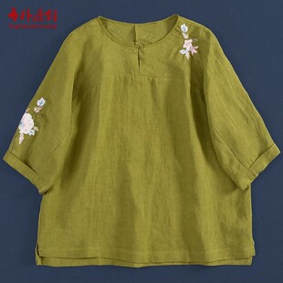 T恤衫 布朴家作2026春季 上衣中式 清雅100%纯麻茶花绣花连身中袖 款