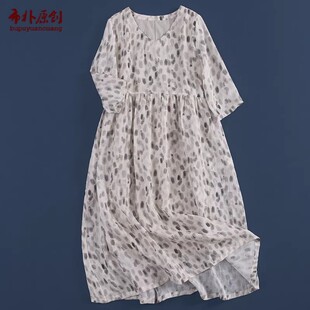 布朴家作2026夏季新款文艺极细苎麻碎花连衣裙中长款有衬七分袖裙