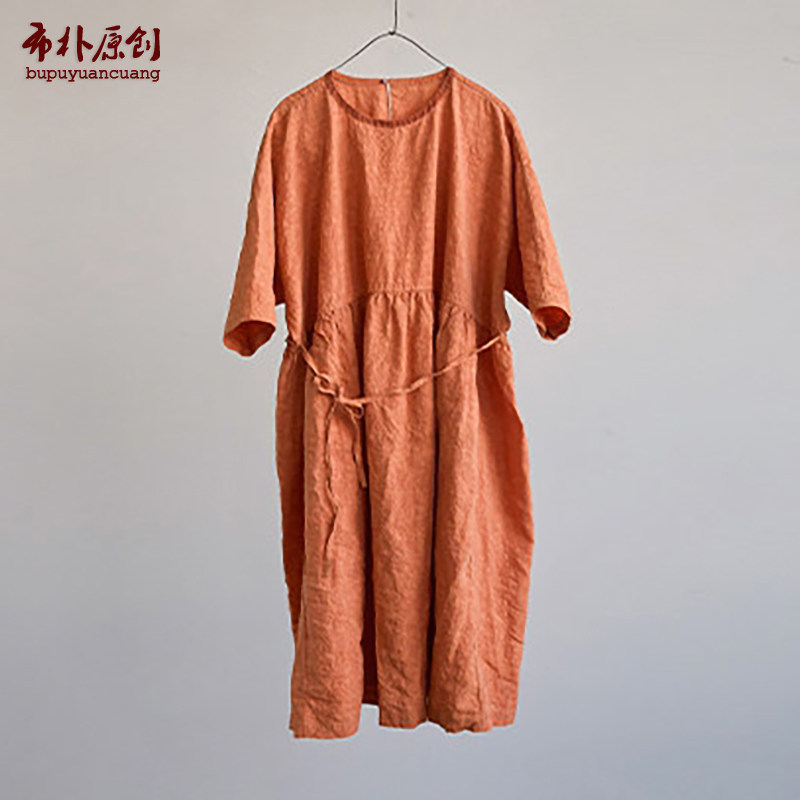 蜜琥珀亚麻宽松质感圆领袍子