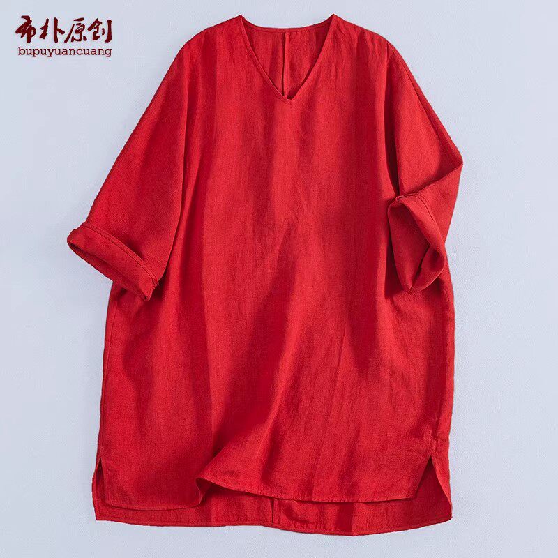 文艺百搭休闲七分袖中款连衣裙