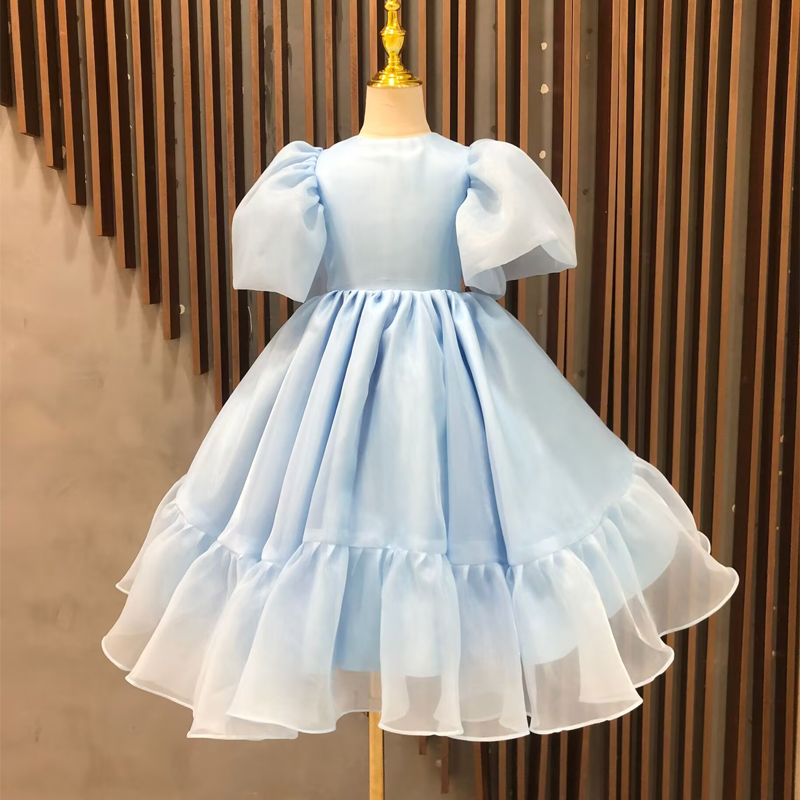 影楼新款女童礼服公主蓬蓬纱蓝色连衣裙花童婚礼主持演讲生日钢琴