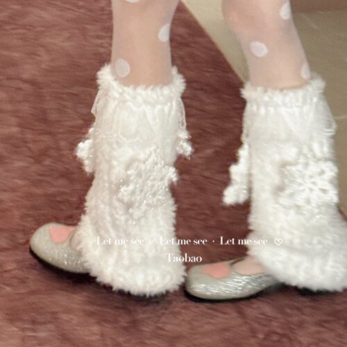 LET ME SEE  原创蕾丝雪花甜美毛绒加厚保暖针织腿套中筒堆堆袜套