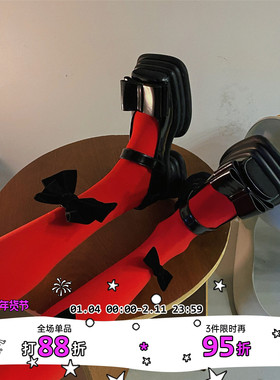 LET ME SEE 原创 蝴蝶结红色连裤袜日系lo妹天鹅绒显瘦打底袜