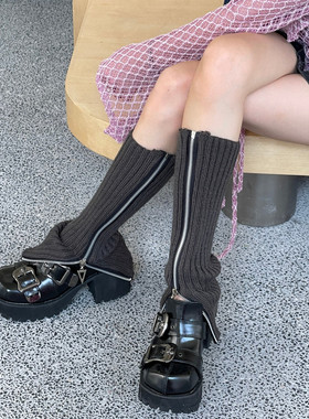 LET ME SEE个性保暖针织袜套百搭拉链黑色小腿堆堆袜中筒jk袜子