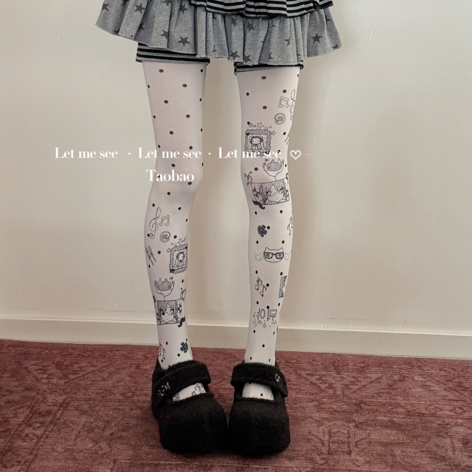 LET ME SEE  原创小众设计款y2k卡通印花连裤袜涂鸦辣妹波点丝袜,女士内衣/男士内衣/家居服,连裤袜/打底袜,淘宝优惠券,粉丝福利购,淘宝优惠卷