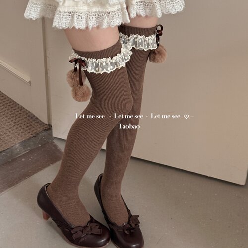 LET ME SEE 毛球过膝袜秋冬竖纹显瘦精梳棉蕾丝花边Lolita长筒袜