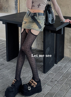 LET ME SEE 黑色豹纹提花女丝袜透明连裤袜薄款吊带长筒袜过膝袜