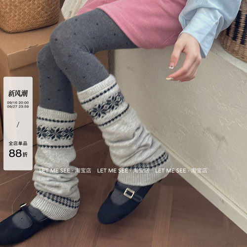 LET ME SEE 秋冬韩系雪花北欧针织ins保暖腿套堆堆袜套