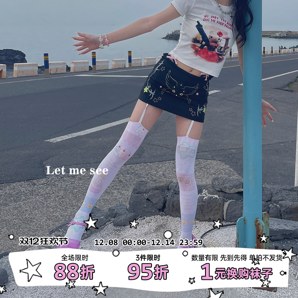 LET ME SEE 原创Lolita卡通漫画印花吊带长筒袜天鹅绒过膝袜高筒
