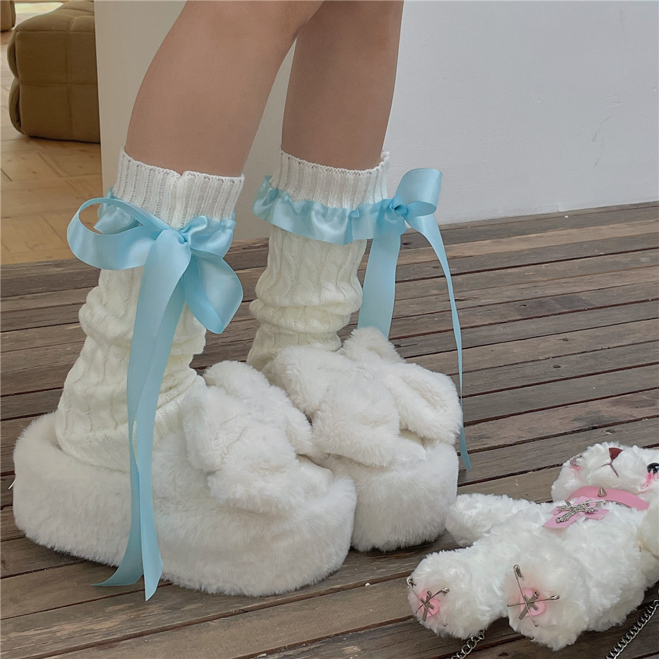 LET ME SEE 洛丽塔少女芭蕾舞风绸缎丝带蝴蝶结袜套麻花纹堆堆袜