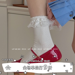 白色蝴蝶结中筒袜薄款 SEE 日系洛丽塔花边ins潮纯棉长袜 LET