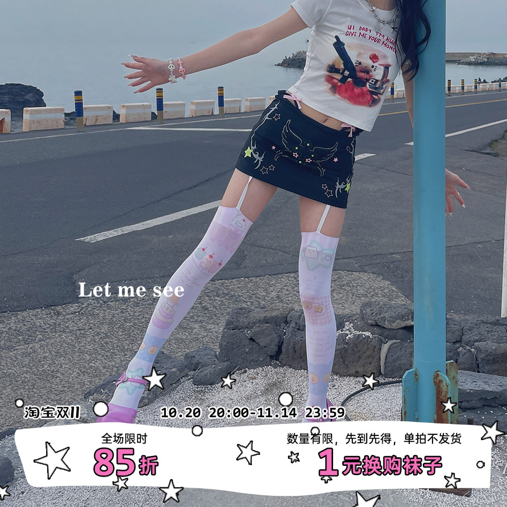 LET ME SEE 原创Lolita卡通漫画印花吊带长筒袜天鹅绒过膝袜高筒