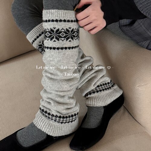 LET ME SEE 灰色费尔岛雪花针织袜套羊毛保暖堆堆袜叠穿女小腿套