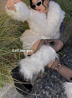LET ME SEE日系甜美白色毛毛小腿套秋冬款加绒保暖护膝袜套女