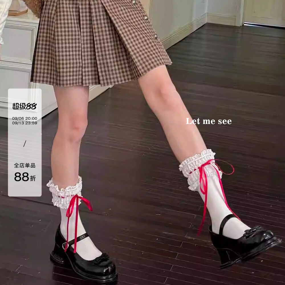 LET ME SEE 蝴蝶结中筒袜洛丽塔蕾丝花边堆堆袜日系甜美少女百搭图片