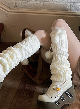 LET ME SEE白色过膝长筒袜子女毛球袜套加厚保暖麻花针织腿套