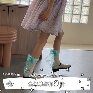 甜美少女蝴蝶结纯色袜子超薄透气棉袜中筒袜 SEE LET