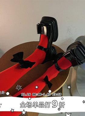 LET ME SEE 原创 蝴蝶结红色连裤袜日系lo妹天鹅绒显瘦打底袜