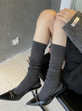 LET ME SEE纯色针织竖条纹百搭基础款中筒袜时尚显瘦小腿堆堆袜女