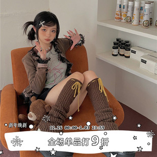 原创华夫格针织日系复古小腿袜套小众蝴蝶结绑带腿套 SEE LET