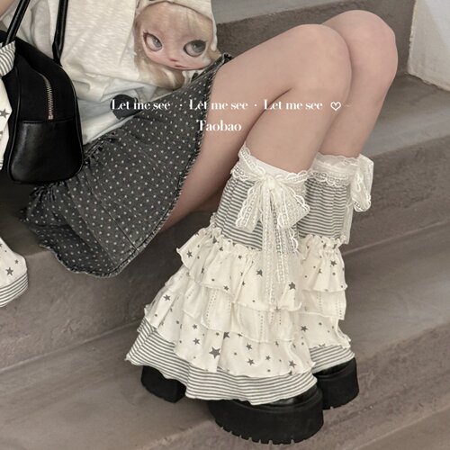 LET ME SEE自制印花星星条纹拼接腿套古早蛋糕裙显瘦百褶蓬蓬袜套