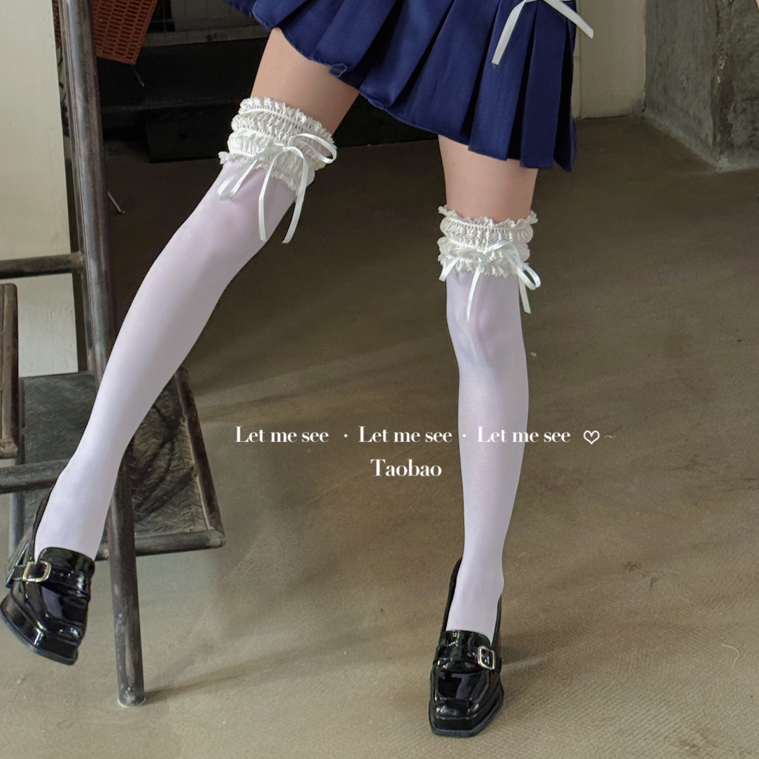 LET ME SEE 薄款天鹅绒纯欲风性感蕾丝过膝袜Jk少女花边长筒袜女