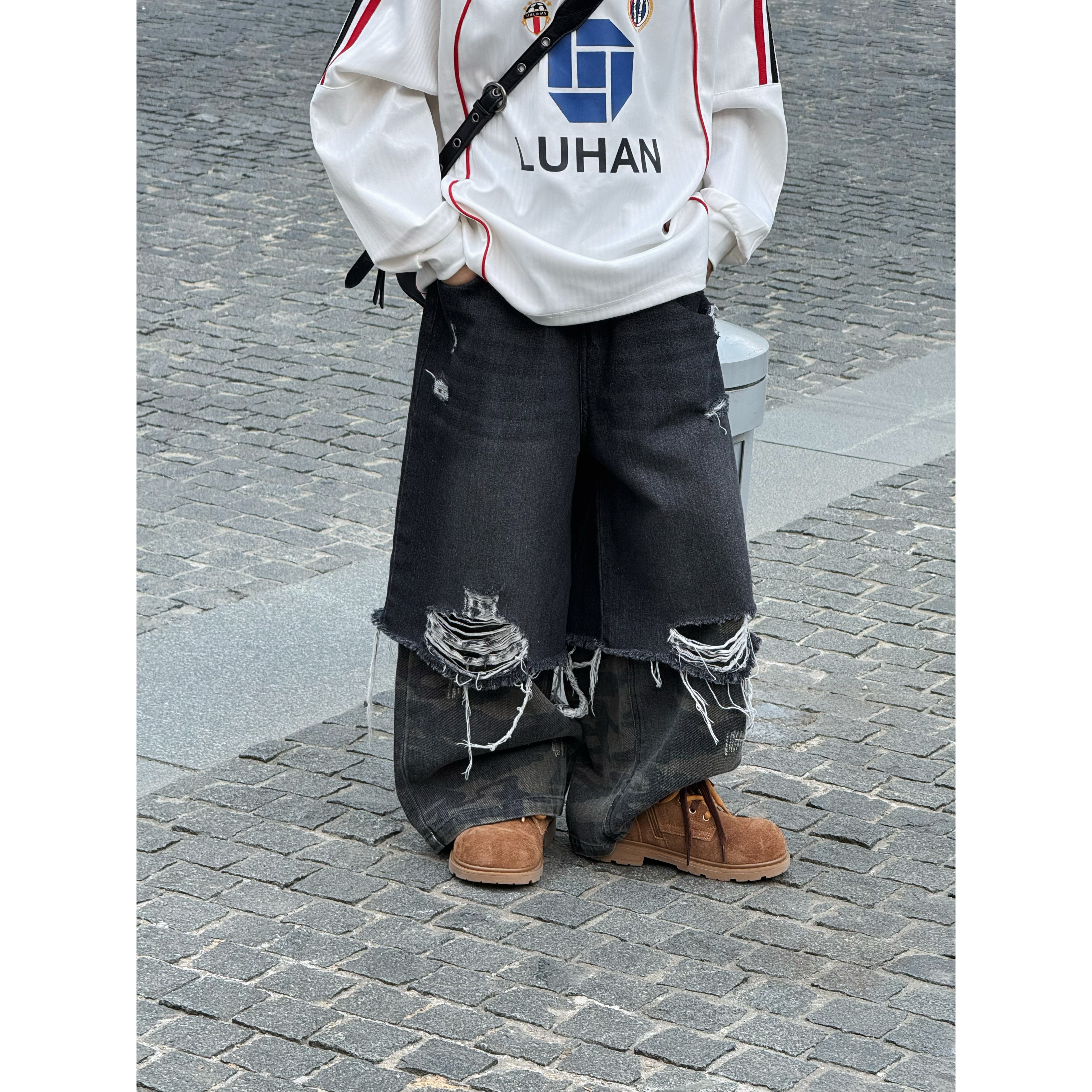 陆晗欧巴【炸街港风】秋季破洞牛仔亲子装男童宽松街舞裤25685