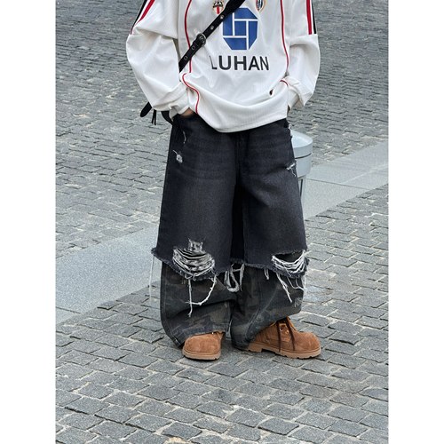 陆晗欧巴【炸街港风】秋季破洞牛仔亲子装男童宽松街舞裤25685