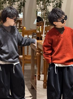 陆晗欧巴【韩系校园】秋V领拼接风亲子装中大男童毛衣25690