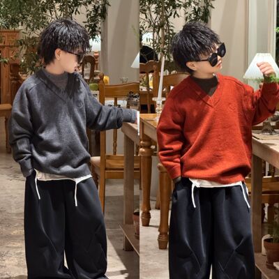 陆晗欧巴【韩系校园】秋V领拼接风亲子装中大男童毛衣25690