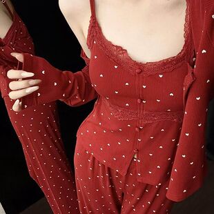 甜美ins睡衣女三件套长袖 新款 开衫 吊带 俏茵婷 2652 春上新春季