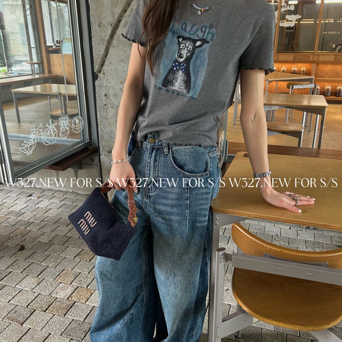 W327.-夏上新韩系卷边小狗狗印花正肩短袖T恤59580